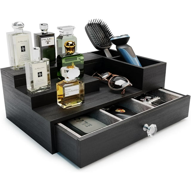 RFCUIBIJ Pine Wood Cologne Stand Organizer for Men  3 Tier Cologne Display Shelf Organizer with Hidden Compartment and Velvet Lining Drawer  Perfume Display Holder