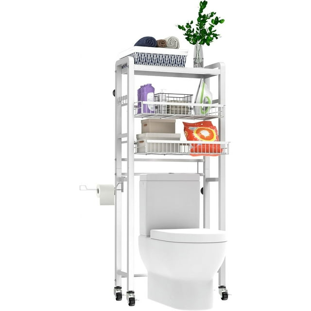 RFCUIBIJ Over The Toilet Storage Shelves  3 Tiers Bathroom Storage and Organizer Shelf  with Retractable Baskets and Rolling Wheels for Toilet  Metal  White