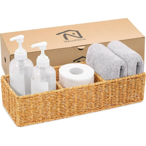 RFCUIBIJ Wicker Basket with 3 Compartments Toilet Paper Holder Storage Behind Toilet Bathroom Organizer Bathroom Sink Organizer Countertop Over The Toilet Organizer Resin Wicker 1pc
