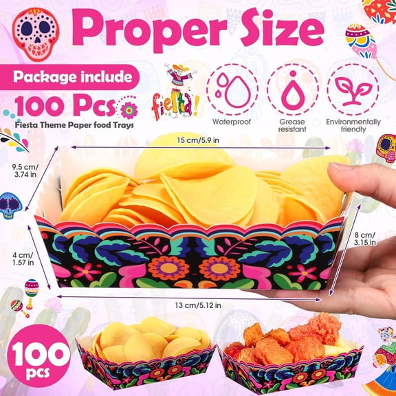 RFGBRG-100 Pack Mexican Paper Food Trays Disposable Fiesta Nacho Trays Mexican Plates Party Decorations for Snack Popcorn Hot Dog Taco Tuesday Birthday Party Supplies (Black)
