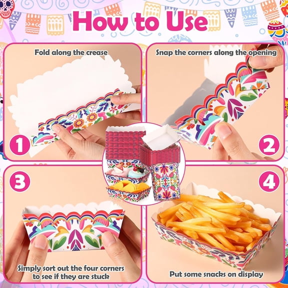 RFGBRG-100 Pack Mexican Paper Food Trays Disposable Fiesta Nacho Trays Mexican Plates Party Decorations for Snack Popcorn Hot Dog Taco Tuesday Birthday Party Supplies (White)