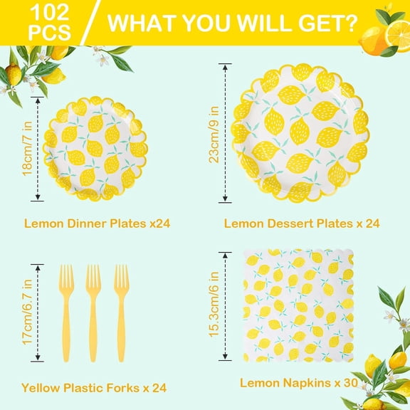 RFGBRG-102 Pcs Lemon Party Decorations, Yellow Paper Plates for Baby Shower Decorations,Lemon Paper Plates Napkins Forks for 24 Guests
