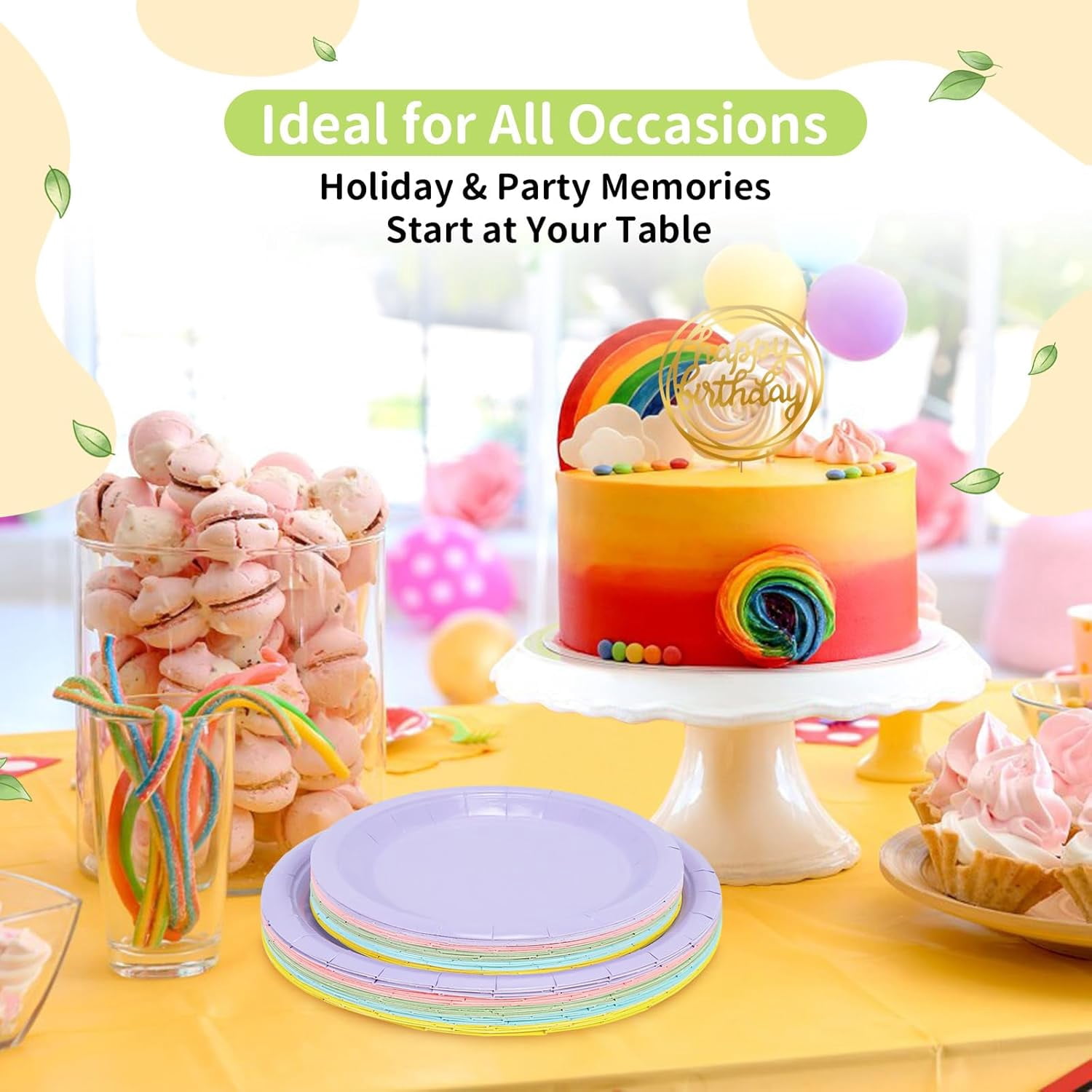 Rainbow Mini Polka Dot Dessert Plates – 8 Colorful 6.875-Inch Disposable Plates For Birthdays, Parties, Snacks & Cake
