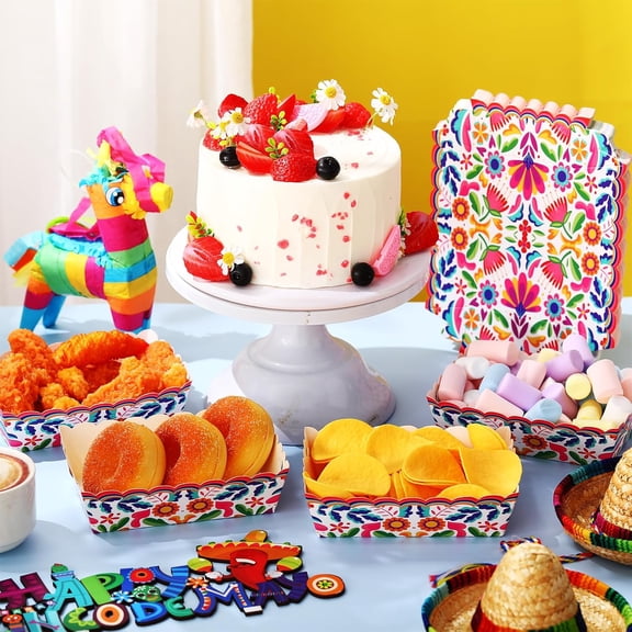 RFGBRG-50 Pcs Mexican Paper Food Trays Fiesta Nacho Trays Disposable Mexican Plates Hot Dog Popcorn Snack Boat for Taco Tuesday Day of The Dead Party Supplies Decorations(Mandala Flower)