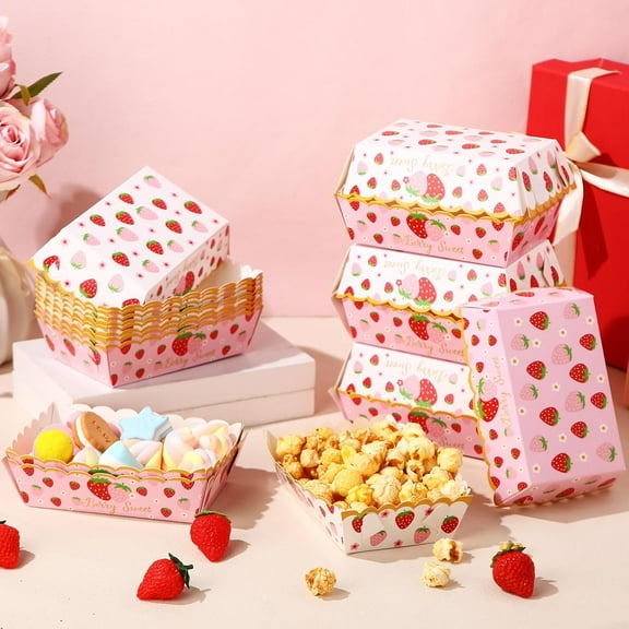 RFGBRG-50 Pcs Strawberry Paper Food Trays Disposable Berry Plates Strawberry Party Decoration Kraft Sandwich Hot Dog Nacho Tray for Berry First Birthday Baby Shower Party Decoration Supplies Favor