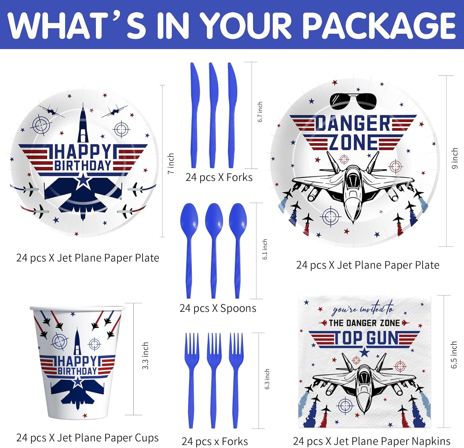 RFGBRG-Fighter Jet Pilot Birthday Party Decorations Tableware, Military Jet Airplane Aviator Party Supplies, Disposable Paper Plate, Napkin, Cup, Cutlery, Serves 24