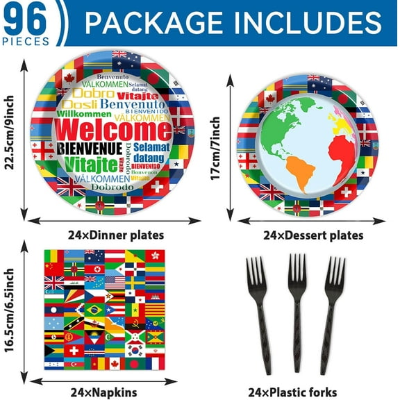 RFGBRG-International Flags Welcome Party Plates Napkins Forks World Flags Tableware Around the World Globe Dinnerware Travel Trip Supply for Sports Events Club Classroom Birthday Parties Decoration S