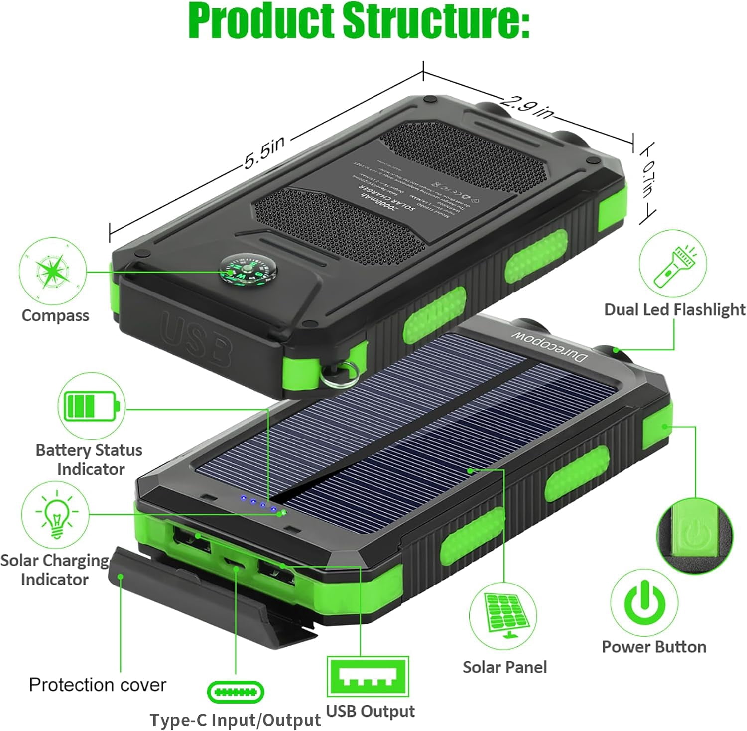 RFGBRG-Solar Charger Power Bank, 20000mAh Portable Outdoor Waterproof Solar Battery Charger, Camping External Backup Battery Pack USB C Ports Input/Output, 2 Led Light Flashlight with Compass (Green)