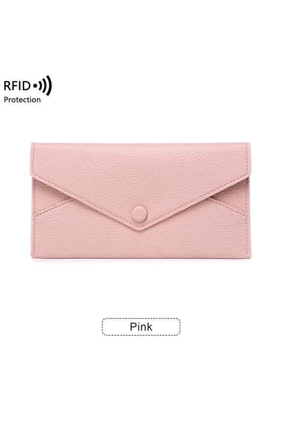 RFID Anti-Theft Purse for Women Lychee Prin Soft Leather Envelope Long Wallet Ultra-thin Portable Simple Handbag