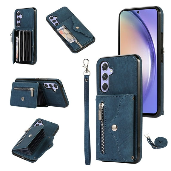 RFID BLOCKING Wallet Case for Samsung Galaxy A14 5G with Card Holder, Zipper Pocket Kickstand Function Shockproof Purse Phone Cover with Removable Shoulder Strap & Wrist Strap, Blue