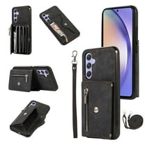 RFID BLOCKING Wallet Case for Samsung Galaxy A14 5G with Card Holder, Zipper Pocket Kickstand Function Shockproof Purse Phone Cover with Removable Shoulder Strap & Wrist Strap, Black