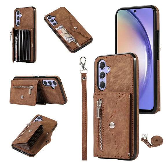 RFID BLOCKING Wallet Case for Samsung Galaxy A25 5G with Card Holder, Zipper Pocket Kickstand Function Shockproof Purse Phone Cover with Removable Shoulder Strap & Wrist Strap, Brown