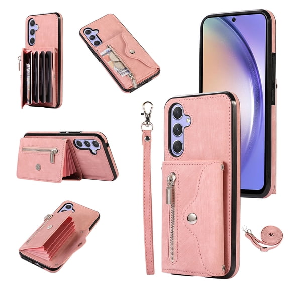 RFID BLOCKING Wallet Case for Samsung Galaxy A25 5G with Card Holder, Zipper Pocket Kickstand Function Shockproof Purse Phone Cover with Removable Shoulder Strap & Wrist Strap, Rosegold
