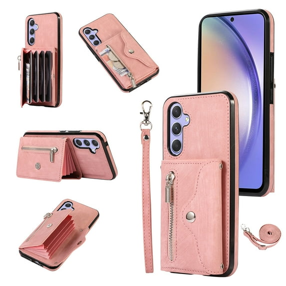 RFID BLOCKING Wallet Case for Samsung Galaxy A26 5G with Card Holder, Zipper Pocket Kickstand Function Shockproof Purse Phone Cover with Removable Shoulder Strap & Wrist Strap, Rosegold
