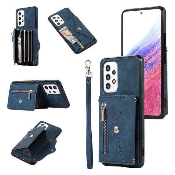 RFID BLOCKING Wallet Case for Samsung Galaxy A53 5G with Card Holder, Zipper Pocket Kickstand Function Shockproof Purse Phone Cover with Removable Shoulder Strap & Wrist Strap, Blue