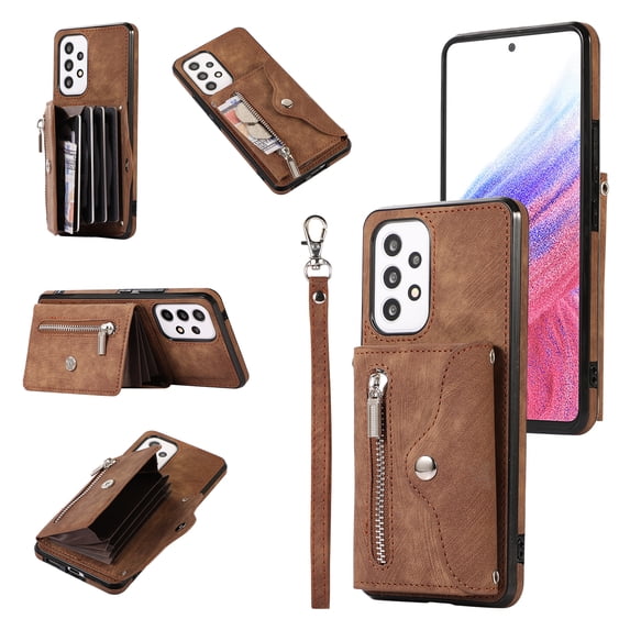 RFID BLOCKING Wallet Case for Samsung Galaxy A53 5G with Card Holder, Zipper Pocket Kickstand Function Shockproof Purse Phone Cover with Removable Shoulder Strap & Wrist Strap, Brown