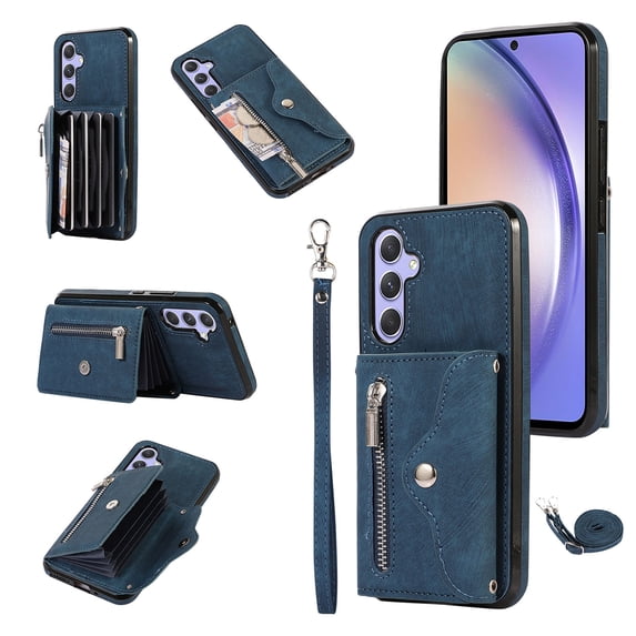 RFID BLOCKING Wallet Case for Samsung Galaxy A56 5G with Card Holder, Zipper Pocket Kickstand Function Shockproof Purse Phone Cover with Removable Shoulder Strap & Wrist Strap, Blue