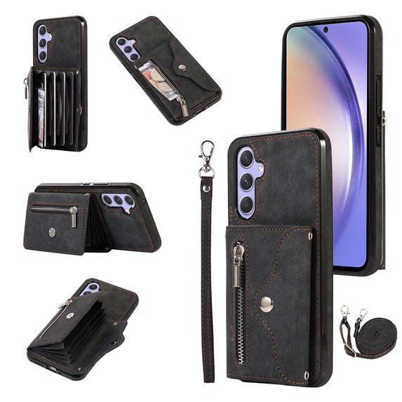 RFID BLOCKING Wallet Case for Samsung Galaxy A56 5G with Card Holder, Zipper Pocket Kickstand Function Shockproof Purse Phone Cover with Removable Shoulder Strap & Wrist Strap, Black