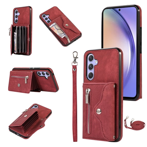 RFID BLOCKING Wallet Case for Samsung Galaxy A56 5G with Card Holder, Zipper Pocket Kickstand Function Shockproof Purse Phone Cover with Removable Shoulder Strap & Wrist Strap, Red