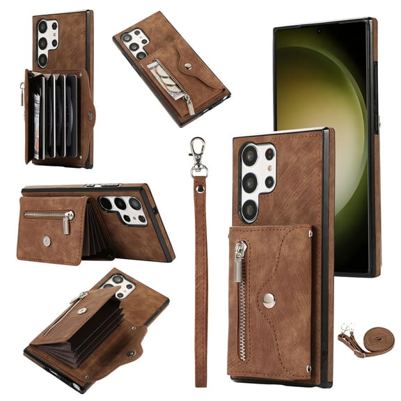 RFID BLOCKING Wallet Case for Samsung Galaxy S23 Ultra with Card Holder, Zipper Pocket Kickstand Function Shockproof Purse Phone Cover with Removable Shoulder Strap & Wrist Strap, Brown