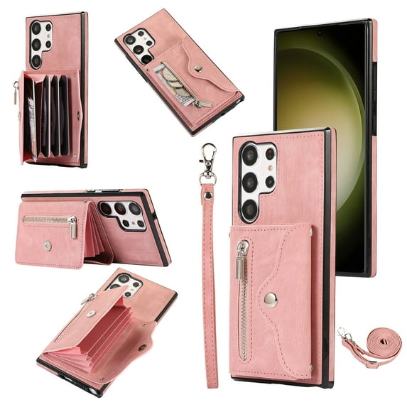 RFID BLOCKING Wallet Case for Samsung Galaxy S23 Ultra with Card Holder, Zipper Pocket Kickstand Function Shockproof Purse Phone Cover with Removable Shoulder Strap & Wrist Strap, Rosegold