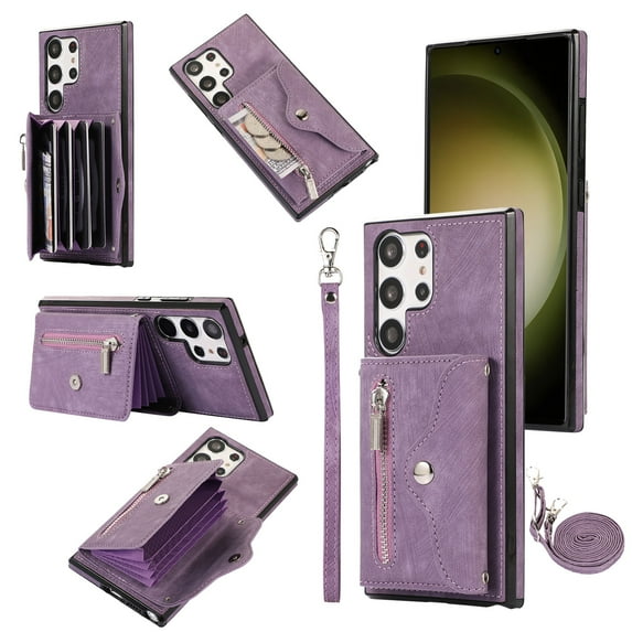 RFID BLOCKING Wallet Case for Samsung Galaxy S24 Ultra with Card Holder, Zipper Pocket Kickstand Function Shockproof Purse Phone Cover with Removable Shoulder Strap & Wrist Strap, Purple