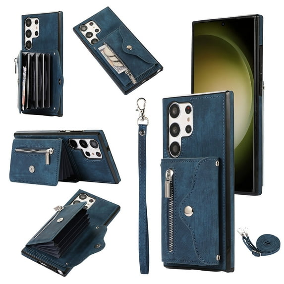 RFID BLOCKING Wallet Case for Samsung Galaxy S25 Ultra with Card Holder, Zipper Pocket Kickstand Function Shockproof Purse Phone Cover with Removable Shoulder Strap & Wrist Strap, Blue