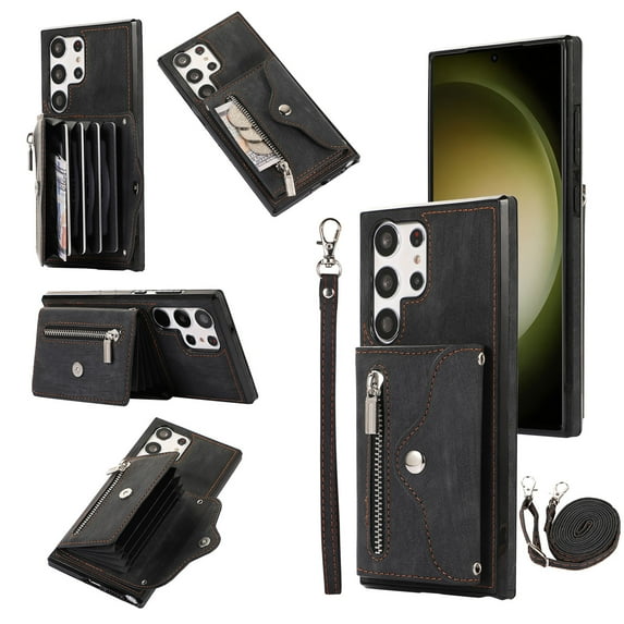 RFID BLOCKING Wallet Case for Samsung Galaxy S25 Ultra with Card Holder, Zipper Pocket Kickstand Function Shockproof Purse Phone Cover with Removable Shoulder Strap & Wrist Strap, Black