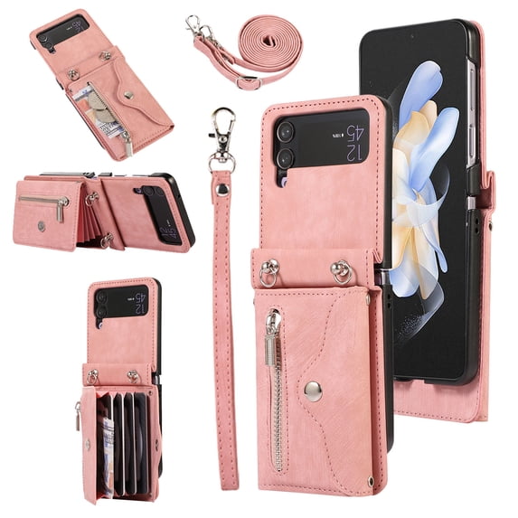 RFID BLOCKING Wallet Case for Samsung Galaxy Z Flip 4 5G with Card Holder, Zipper Pocket Kickstand Function Shockproof Purse Phone Cover with Removable Shoulder Strap & Wrist Strap,Rosegold