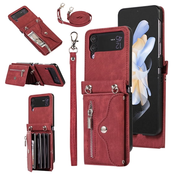 RFID BLOCKING Wallet Case for Samsung Galaxy Z Flip 4 5G with Card Holder, Zipper Pocket Kickstand Function Shockproof Purse Phone Cover with Removable Shoulder Strap & Wrist Strap,Red