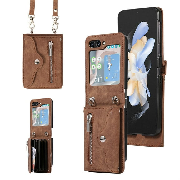 RFID BLOCKING Wallet Case for Samsung Galaxy Z Flip 5 5G with Card Holder, Zipper Pocket Kickstand Function Shockproof Purse Phone Cover with Removable Shoulder Strap & Wrist Strap, Brown