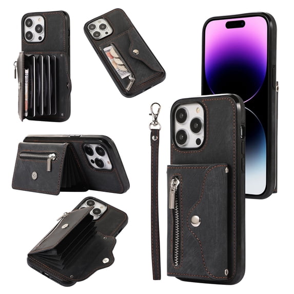 RFID BLOCKING Wallet Case for iPhone 16 with Card Holder, Zipper Pocket Kickstand Function Shockproof Purse Phone Cover with Removable Shoulder Strap & Wrist Strap, Black
