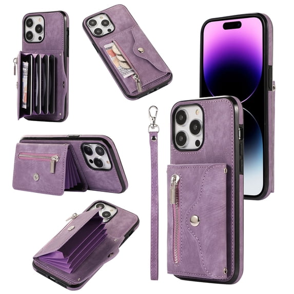RFID BLOCKING Wallet Case for iPhone 16 with Card Holder, Zipper Pocket Kickstand Function Shockproof Purse Phone Cover with Removable Shoulder Strap & Wrist Strap, Purple