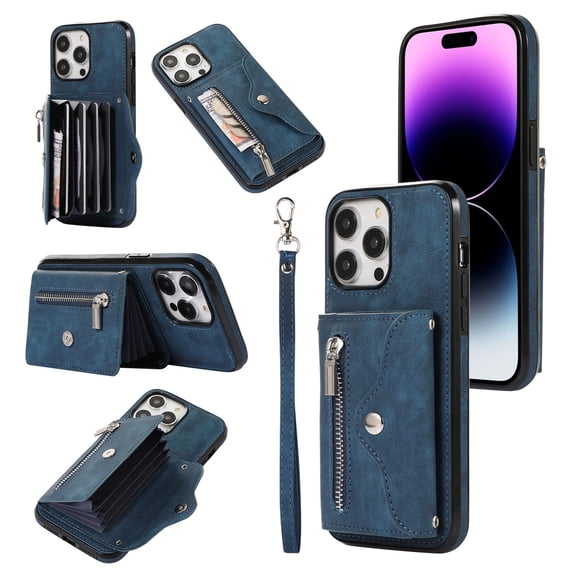 RFID BLOCKING Wallet Case for iPhone 16 Plus with Card Holder, Zipper Pocket Kickstand Function Shockproof Purse Phone Cover with Removable Shoulder Strap & Wrist Strap, Blue