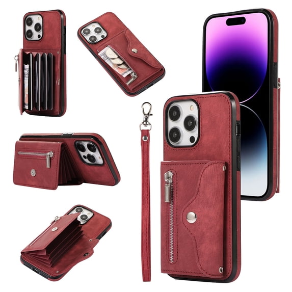 RFID BLOCKING Wallet Case for iPhone 16 Plus with Card Holder, Zipper Pocket Kickstand Function Shockproof Purse Phone Cover with Removable Shoulder Strap & Wrist Strap, Red