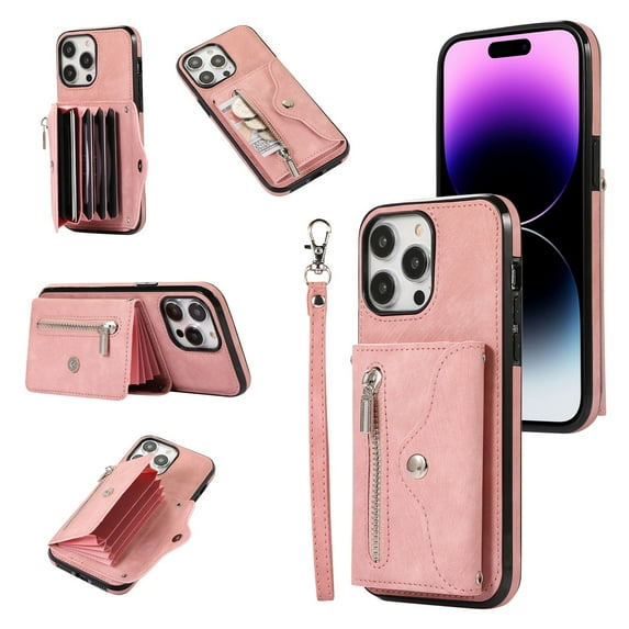 RFID BLOCKING Wallet Case for iPhone 16 Pro Max with Card Holder, Zipper Pocket Kickstand Function Shockproof Purse Phone Cover with Removable Shoulder Strap & Wrist Strap, Rosegold