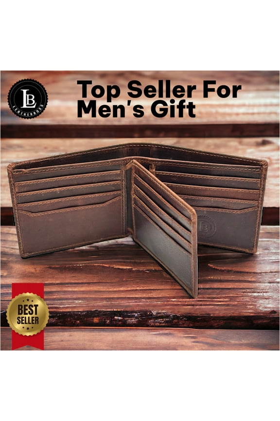RFID Bifold Leather Wallet For Men with Flip Up ID in Vintage Buffalo Brown