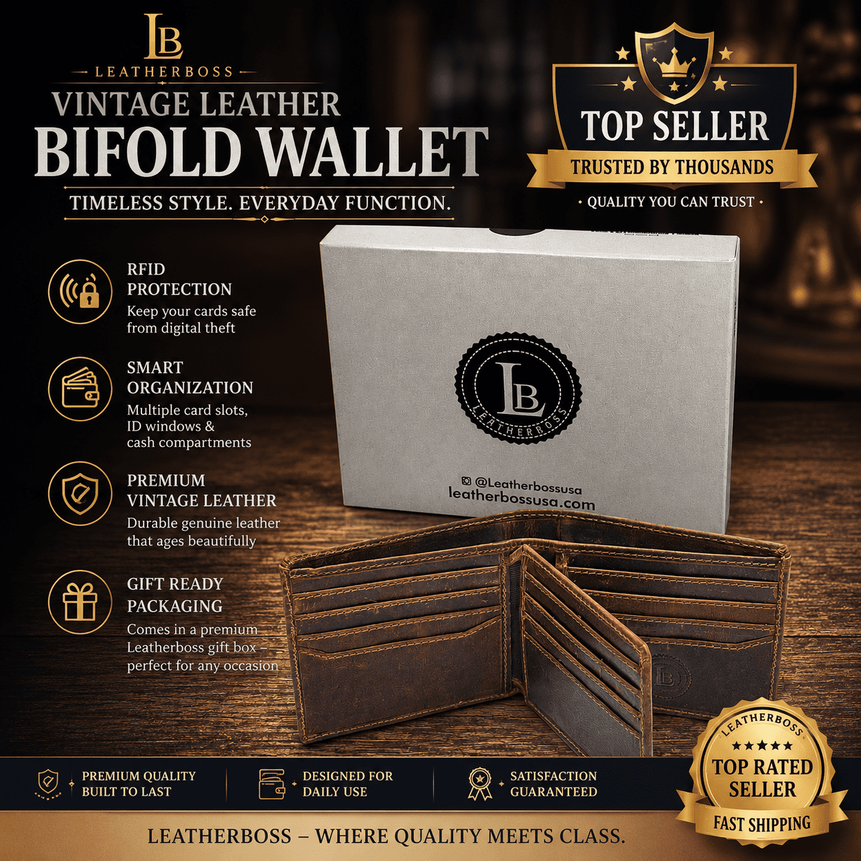 RFID Bifold Leather Wallet For Men with Flip Up ID in Vintage Buffalo Brown