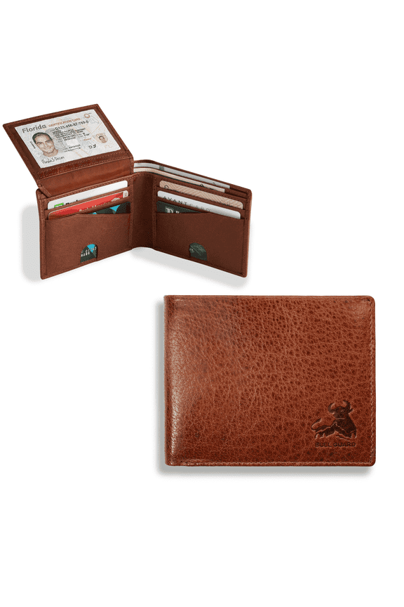 RFID Bifold Leather Wallet For Men with Flip Up ID in Vintage Buffalo Brown