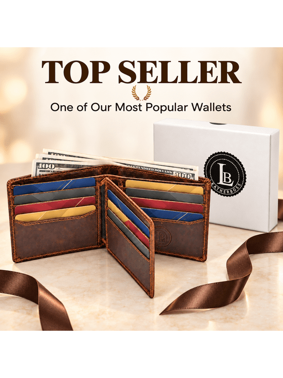 RFID Bifold Leather Wallet For Men with Flip Up ID in Vintage Buffalo Brown