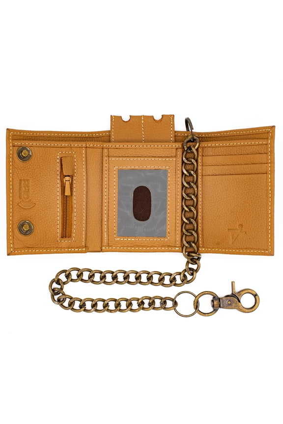 RFID Biker Chain Wallets Leather Trifold Wallets for Men with Snaps Closure Key Holder Zip Pocket
