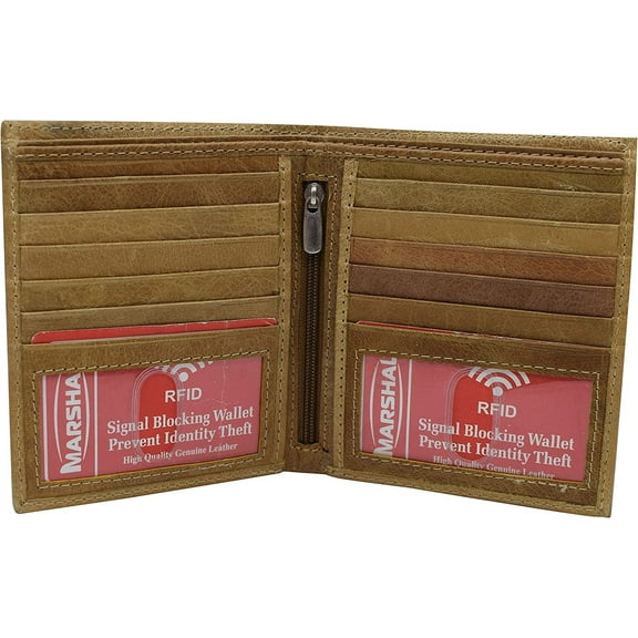 RFID Blocking 2 ID Bifold Hipster Credit Card Wallet Genuine Cowhide Leather Tan