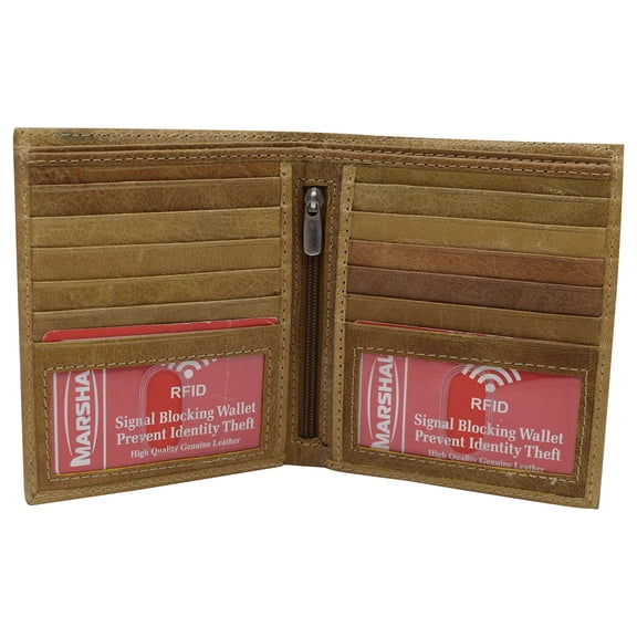 RFID Blocking 2 ID Bifold Hipster Credit Card Wallet Genuine Cowhide Leather Tan