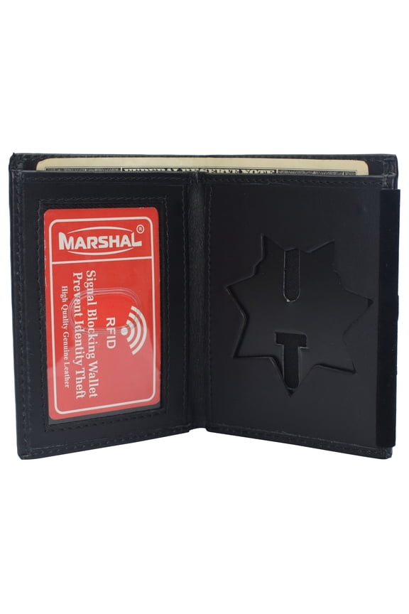 RFID Blocking 7 Point Start Badge Holder Genuine Leather Slim ID Wallet