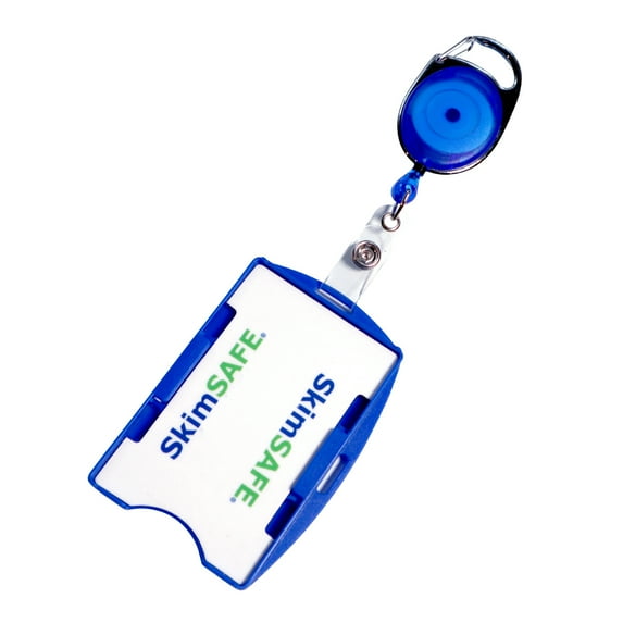 RFID Blocking Badge Holder with Retractable Carabiner Clip Badge Reel - Dual Sided - SkimSAFE Skimming Protection - 2 Card Shield for 13.56MHz Radio Signal by Specialist ID (Royal Blue)