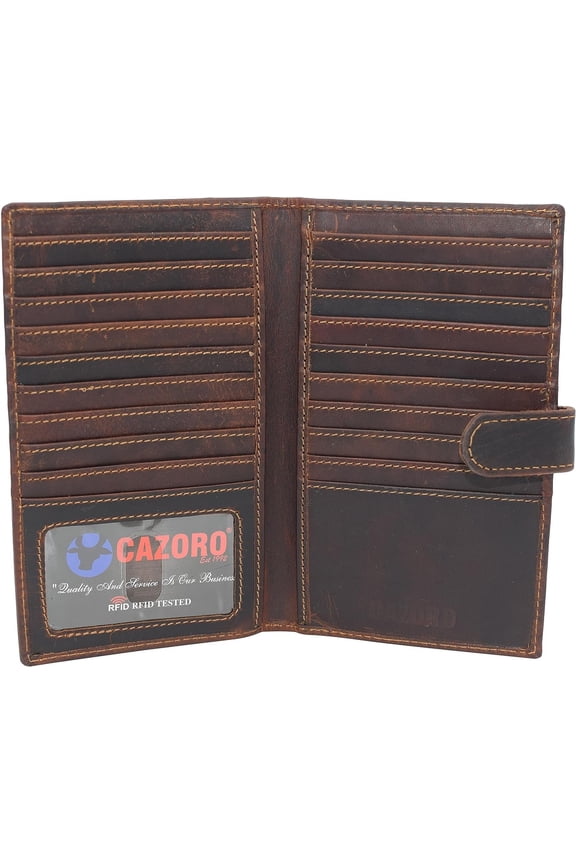 RFID Blocking Bifold Premium Vintage Leather Credit Card ID Holder Long Wallet with Snap Closure RHU Brown