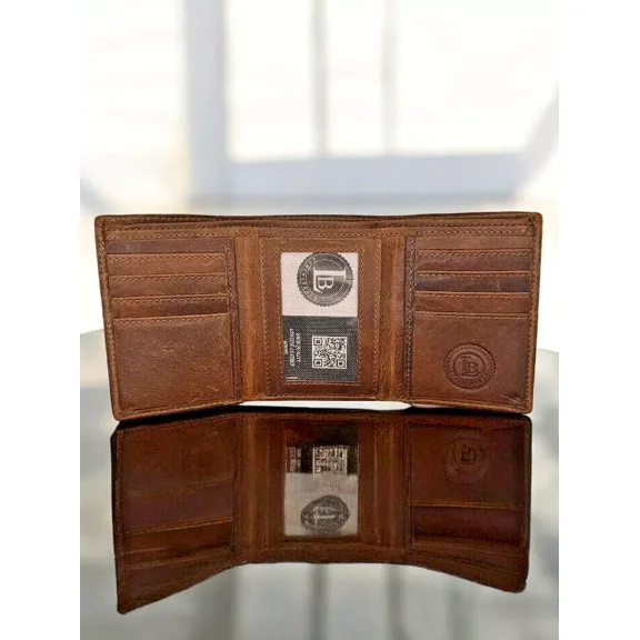 RFID Blocking Brown Vintage Leather Men's Trifold Center Flap Wallet NEW