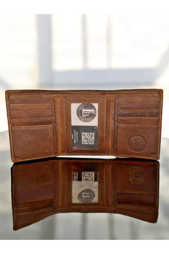 RFID Blocking Brown Vintage Leather Men's Trifold Center Flap Wallet NEW