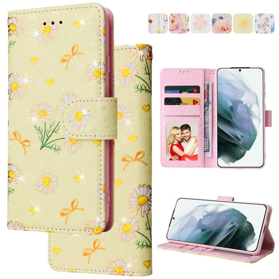 RFID Blocking Case For Samsung A54 5G Wallet Case for Women with Credit Card Holder, Cute Pattern Flower Designed Hand Strap Flip PU Leather Stand for Samsung Galaxy A54 5G, Yellow Daisy