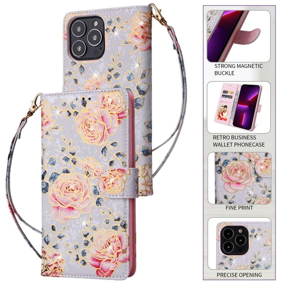 RFID Blocking Case For iPhone 13 Pro Max Wallet Case for Women with Credit Card Holder, Cute Pattern Flower Designed Hand Strap Flip PU Leather Stand For iPhone 13 Pro Max, Rural Rose